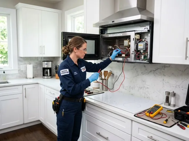 Appliance Repair Hero technician testing an over-the-range microwave in a Arnold, MO kitchen